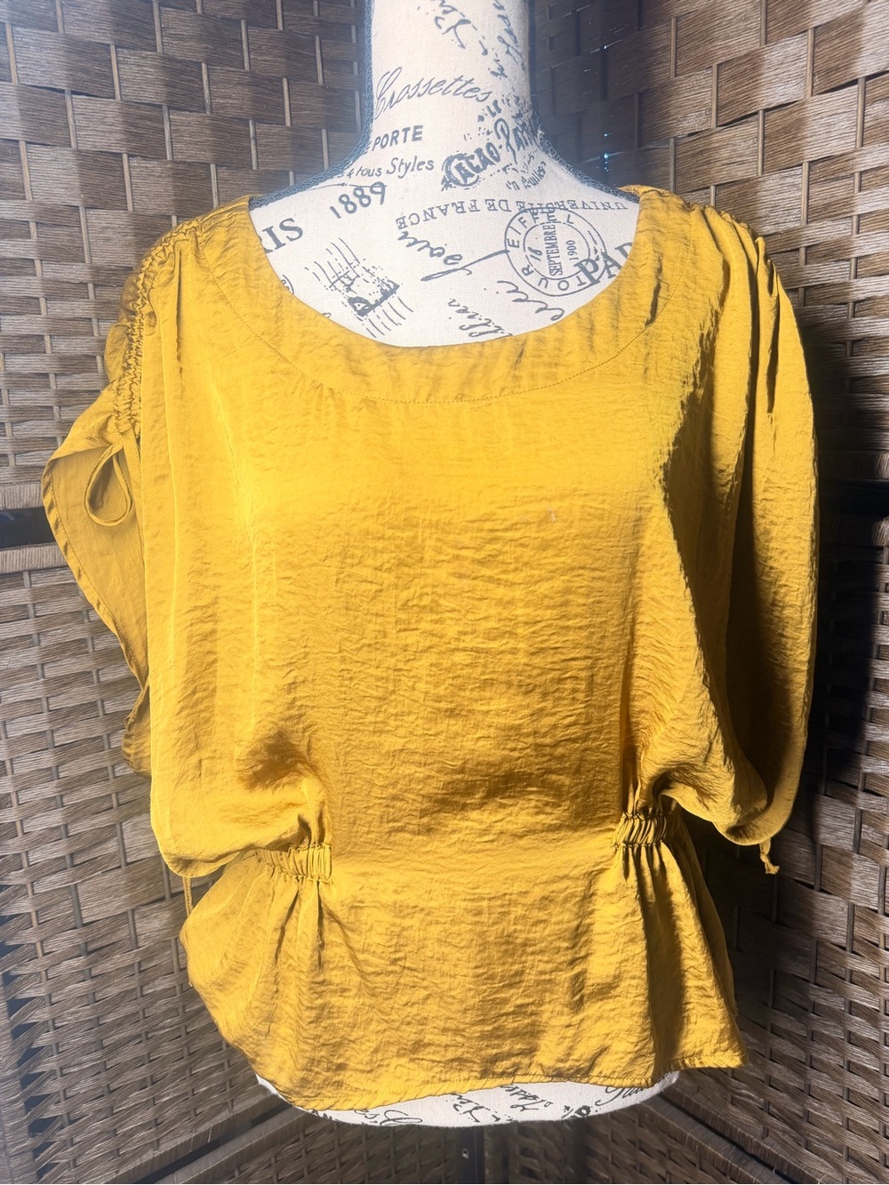 Women's Mustard Yellow Peasant Blouse - Casual Gathered Waist Top